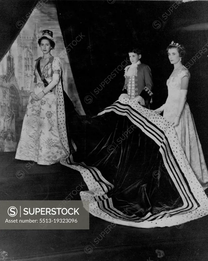 Princess Margaret -- Princess Margaret, wearing her coronation Robes, stands in the throne room at Buckingham Palace, London, for this picture make by Cecil Beaton ion  coronation day, June 2nd, 1953.Her train is borne by Miss Iris Peake and by her Page Albemarle Bowes-Lyon, *****.Margaret in Coronation robes. August 6, 1954. (Photo by Associated Press Photo).