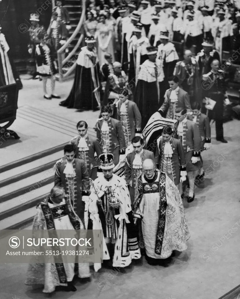 The Coronation Ceremony In Westminster Abbey -- The King carrying the Orb and Sceptre leaving the Abbey after the ceremony. May 12, 1937. (Photo by Sport & General Press Association Limited).