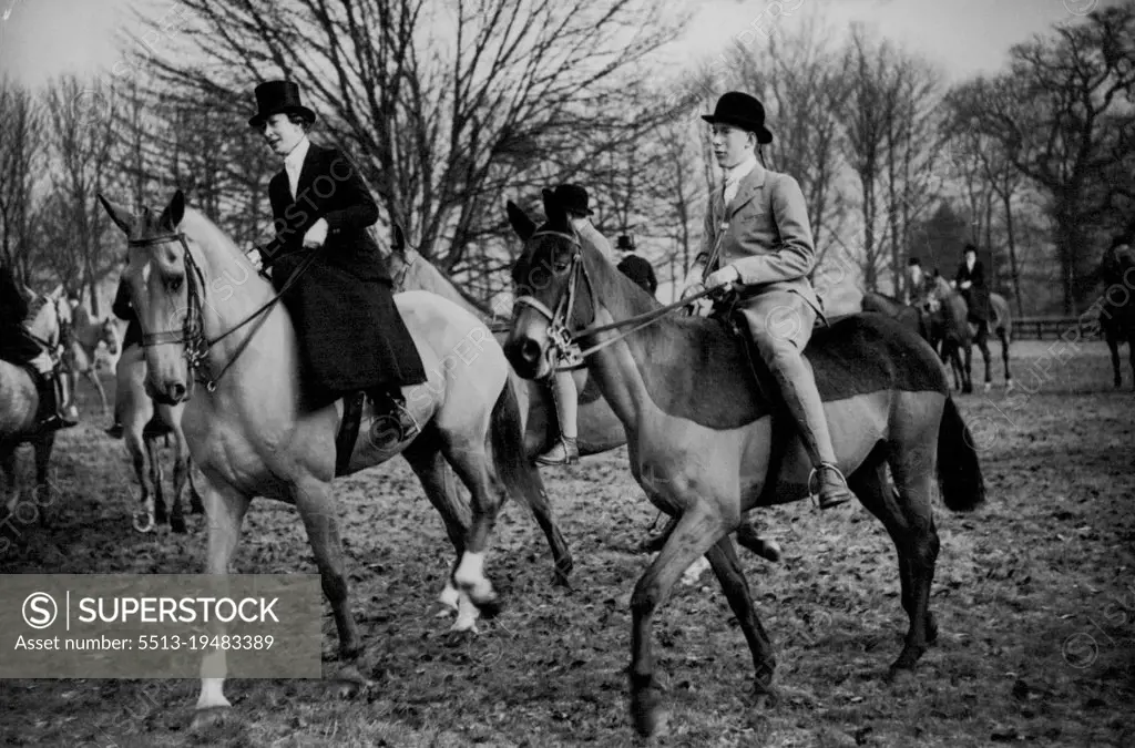 The King's Sister Hunts With Her Son -- H.R.H. The Princess Royal, only sister of King George VI., is seen riding with her elder son, Lord Lascelles when they took part in the Bramham Moor meet at Spofforth, near here today. The Princess Royal., who was formerly Princess Mary, is married to The Earl of Harewood. February 22, 1938. (Photo by Associated Press Photo).