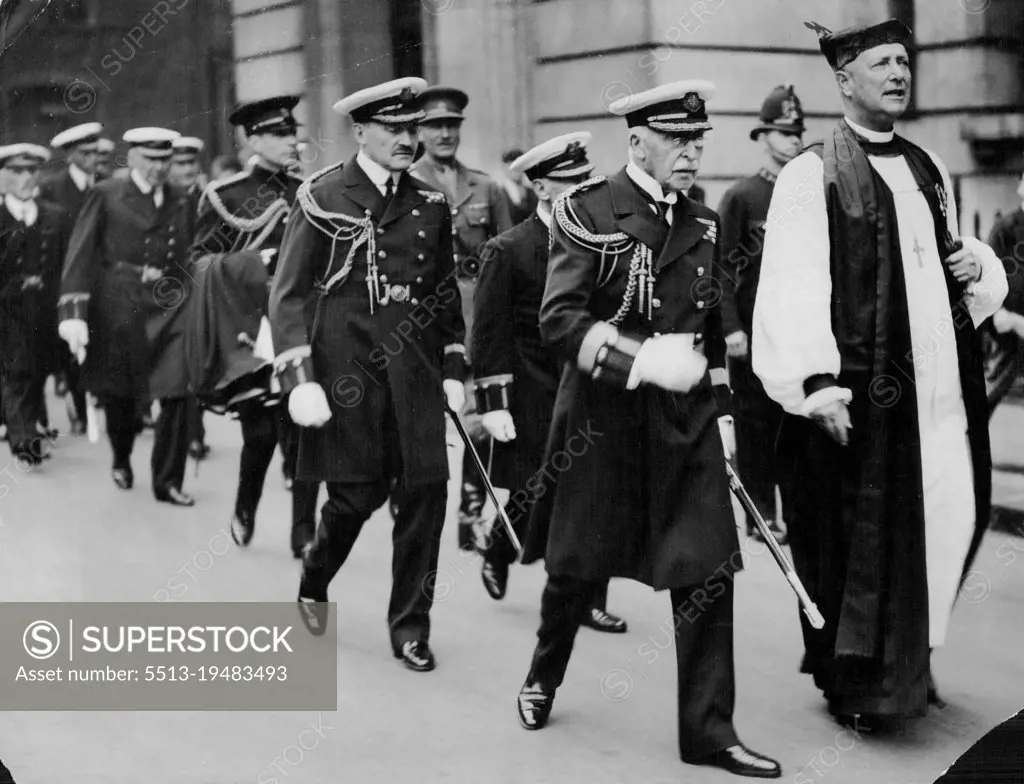 Anniversary Celebration Of Corporation Of Trinity House: Duke of Connaught In Procession -- The Duke of Connaught in the procession followed by his son Prince Arthur of Connaught. The anniversary celebration of the corporation of Trinity House took place today. May 23. The Duke of Connaught, Master of Trinity House, accompanied by Elder Brethren and the younger Brethren in accordance with ancient custom marched in procession from Trinity House to the neighboring church of St. Olave to attend divine service. January 01, 1932. (Photo by The Associated Press).
