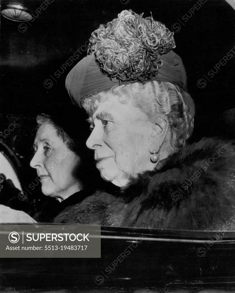A Royal Lady Returns To London -- The Dowager Queen Mary sports one of her distinctive bonnets as she returns to her London residence yesterday after an extended Christmas period stay at Sandringham, the Royal Castle in Norfolk. An unidentified lady-in-waiting accompanies the aging queen. January 30, 1953. (Photo by AP Wirephoto).