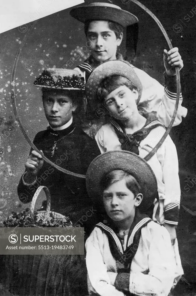 Queen Mary, in her teens, and her three brothers pose in a typical photographic setting of the eighties. Of her brothers the only surviving is the youngest, seen in the centre, Today he is the Earl of Athlone. March 07, 1935. (Photo by Empire Press).