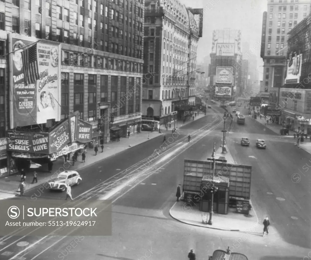 Wide Open Space -- This is Times Square, virtually deserted shortly before 9 a.m. today, following Mayor William O' Dwyer's proclamation shutting down all places of public assembly in order to cope with a critical fuel shortage resulting from the nine-day old tug boat strike. February 12, 1946. (Photo by AP Wirephoto).