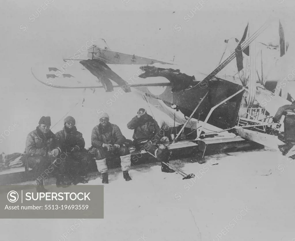 The Nobile Crew In Their Famous Red Tent! -- The most isolated people in the world - the survivors of the Nobile disaster, living in the red tent on the ice-floe. Left to right: Professor Behounek, Biagi, Viglieri, and the injured Cecioni, on the extreme right. July 31, 1928. (Photo by Pacific & Atlantic Photos).