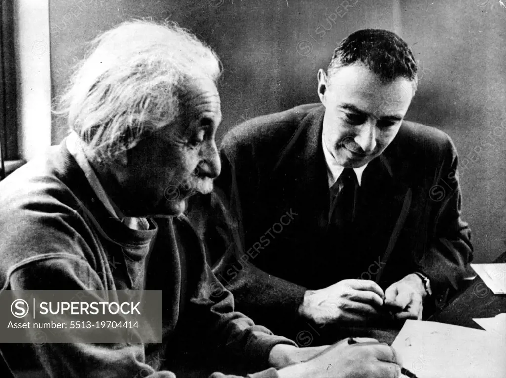 Einstein Has "Greatest Respect" For Banned Atom Scientist.Professor Einstein (left) Tells Dr. Robert Oppenheimer about his attempts to ***** latter in ***** is of space. Picture taken in 1949 when Dr. Opponheimer was director of the institute for Advanced study at Princeton, N.J.When told that Dr. J. Robert Oppenheimer, 49, America's foremost atomic scientist has been barred from all secret information while a new investigation was made of his supposed links with communism, Professor Einstein Said, "All I can say is i have the greatest respect and Warnest feelings for him. April 19, 1954. (Photo by Paul Popper, Paul Popper Ltd.).