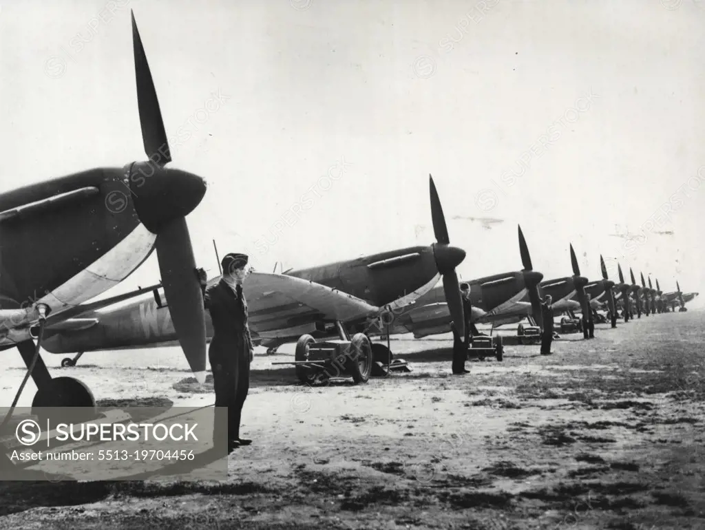 Spitfire Mk.1's, of "Battle of Britain" fame. Over 1,200 Spitfires had been delivered to the R.A.F. the outbreak of the Battle of Britain The speed of the Mk.1 was 362 m.p.h. and it had eight machine-guns. January 1, 1939.