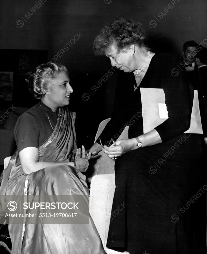 U.N. General Assembly Opens Fourth SessionMrs. Vijaya Lakshmi Pandit, Indias Ambassador to the United States of America, left, is seen with Mrs. Eleanor Roosevelt, member of the American Delegation to the Assembly. September 20, 1949.  (Photo by United Nations Photo).