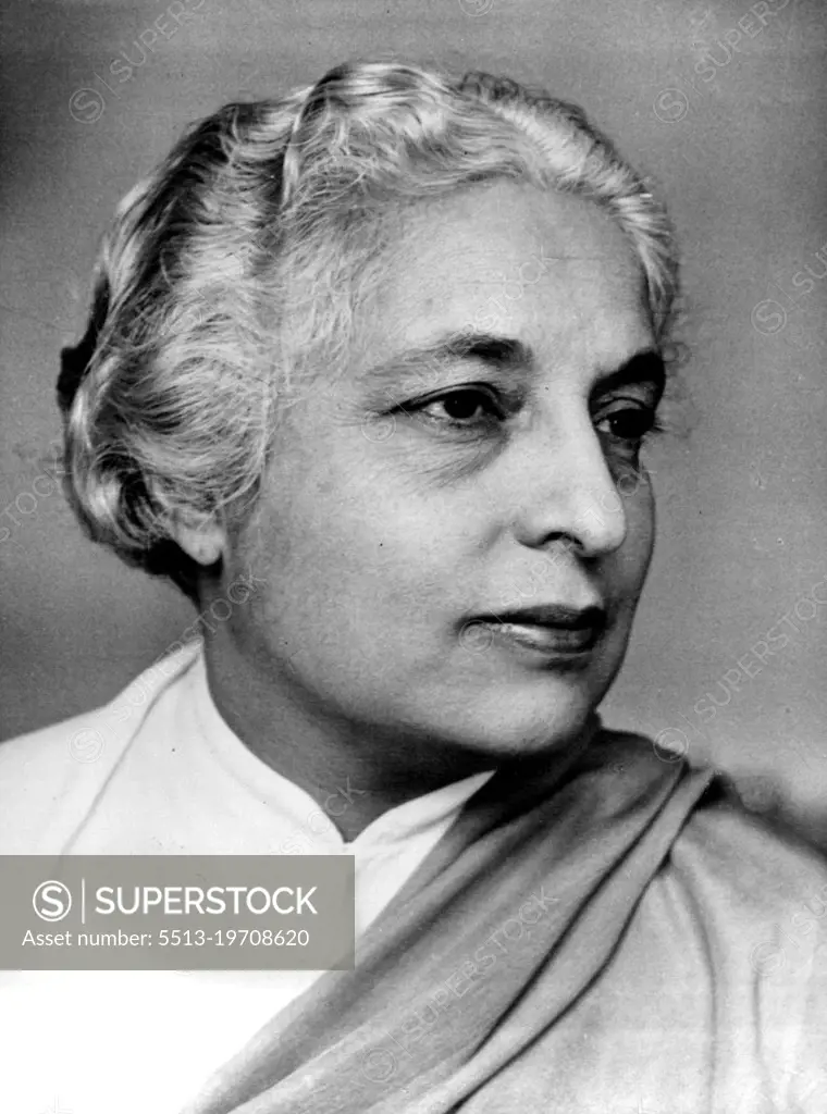 Indian Personalities: Madame Vijay Lakshmi Pandit According to Press reports Madame Pandit will he Indias next High Commissioner to the United Kingdom; President of the United Nations General Assembly until September 21. 1954. August 9, 1954. (Photo by Jitendra Arya, Camera Press).