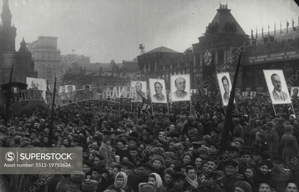 Demonstration In Moscow Nov.7, 1945. -- The mass demonstration on Red Square in Moscow Nov.7, 1945 in honor of the 28th Anniversary of the great October Socialist Revolution. October 20, 1950. (Photo by J. Khalip, SIB Photo Service).