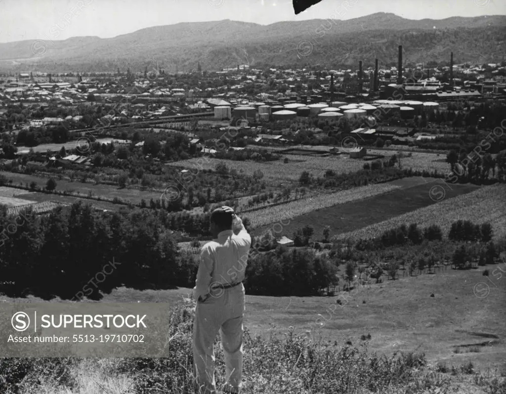Rumanian Oil Fields.Looking across the oil refining town of Campina in the background are the foothills of the Carpathians and oil storage tanks. June 18, 1940. (Photo by Kosmos Press Bureau (Australasia) Pty. Ltd.).