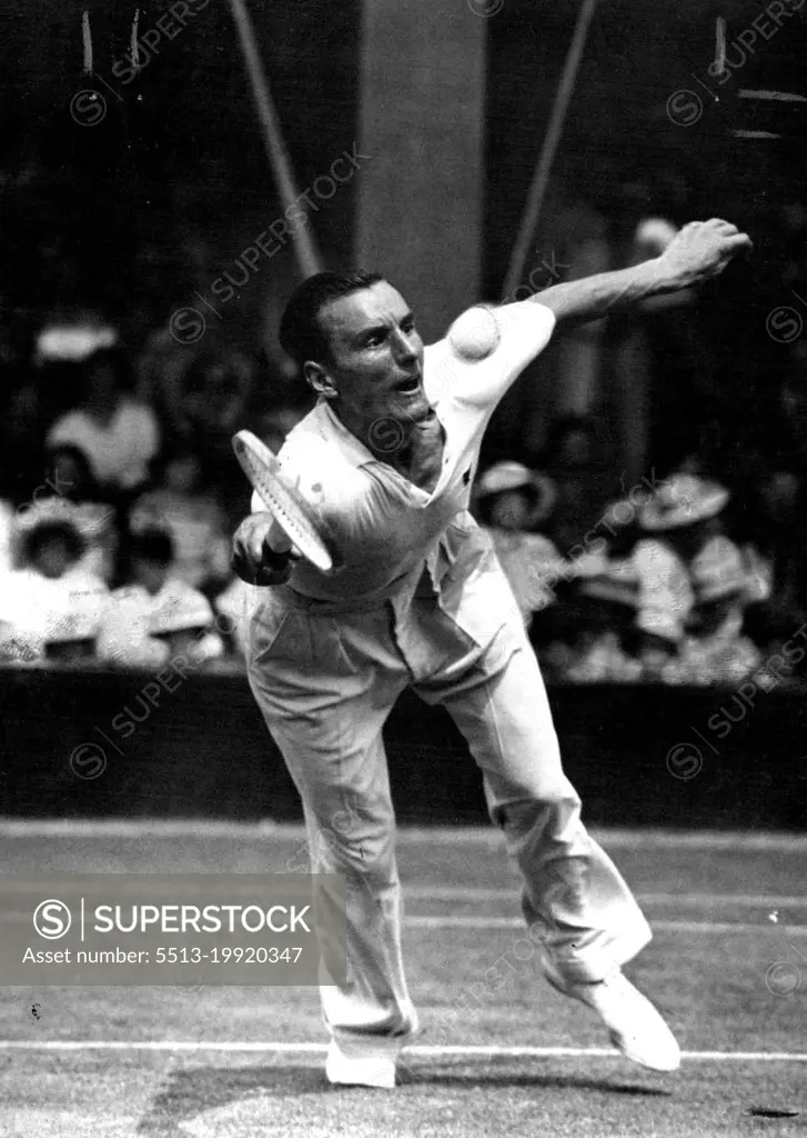 All England Lawn Tennis Chmapionships At Wilmbledon.F.J. Perry (Holder of the championship) in play against R. ***** Czechoslovakia) in his match which ***** on 9-7; 6-1; 6-1. This brings Perry ***** the semi-final of the Men's Single Championship.Perry is plays Von Cramm in the final. July 22, 1935. (Photo by The Times).