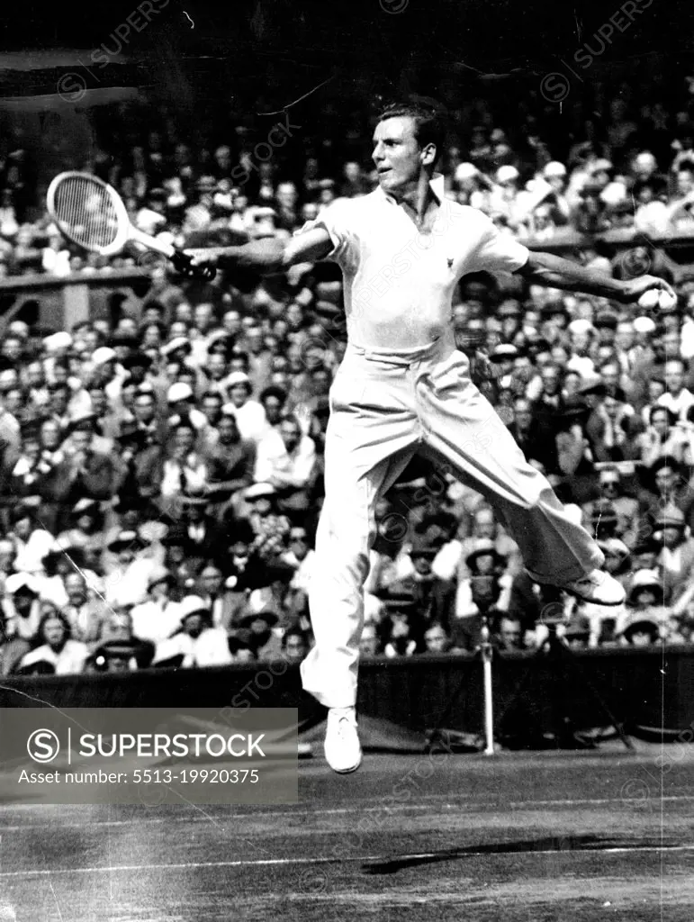 Davis Cup At Wimbledon. Perry V. Woods.Perry in play against Woods (U.S.A.) at Wimbledon this afternoon. July 28, 1934. (Photo by Keystone).
