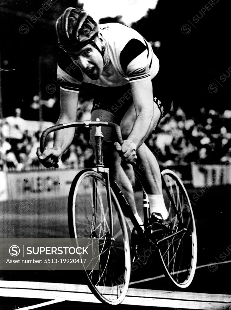 This man means business. He is Sid Patterson, Australian cyclist, in action at Herne Hill yesterday. He set up two British Professional records - mile and half-mile unpaced flying start.The Notable Smile is missing when he's breaking records. May 19, 1952.