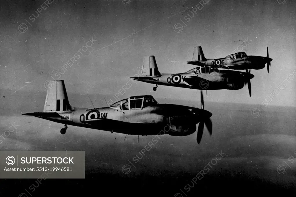 New British Trainer Aircraft In Service -- "Balliol" trainer planes from a flying training school practice formation flying.The new British "Balliol" T.2 trainer plane is now superceding the Harvard as the advance single pistoned engined trainer of the Royal Air Force. The machine is fitted with a Rolls-Royce Merlin engine and instructor and pupil sit side by side. January 26, 1953. (Photo by Sport & General Press Agency, Limited).