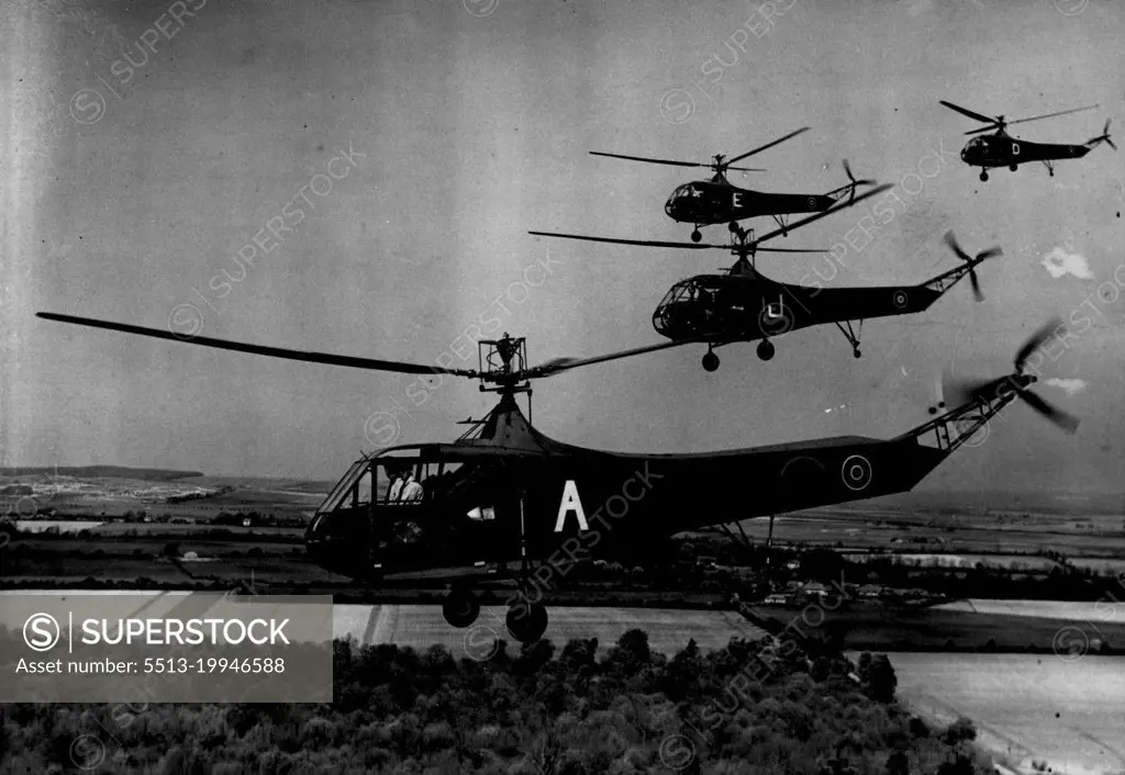 Helicopters Are Here To Stay: The R.A.F.'s "Go Any Way" Service -- A formation of R.A.F helicopters in flight Andrews Planet Apr. 23 1945 PN Censor Nos.Rising vertically from the ground or rooftop, flying backwards, forwards or sideways, and hovering to drop or pick up passengers, the Sikorsky R4B helicopter, now contributing to the development of an R.A.F. helicopter service, has shown that these aircraft, with till notable advantages for special purposes, will play en important part in Britain's aerial activities after the war. These photographs were taken during training at an R.L.F. school,. end for the first time in history shore helicopters flying and hovering in formation. April 23, 1945.