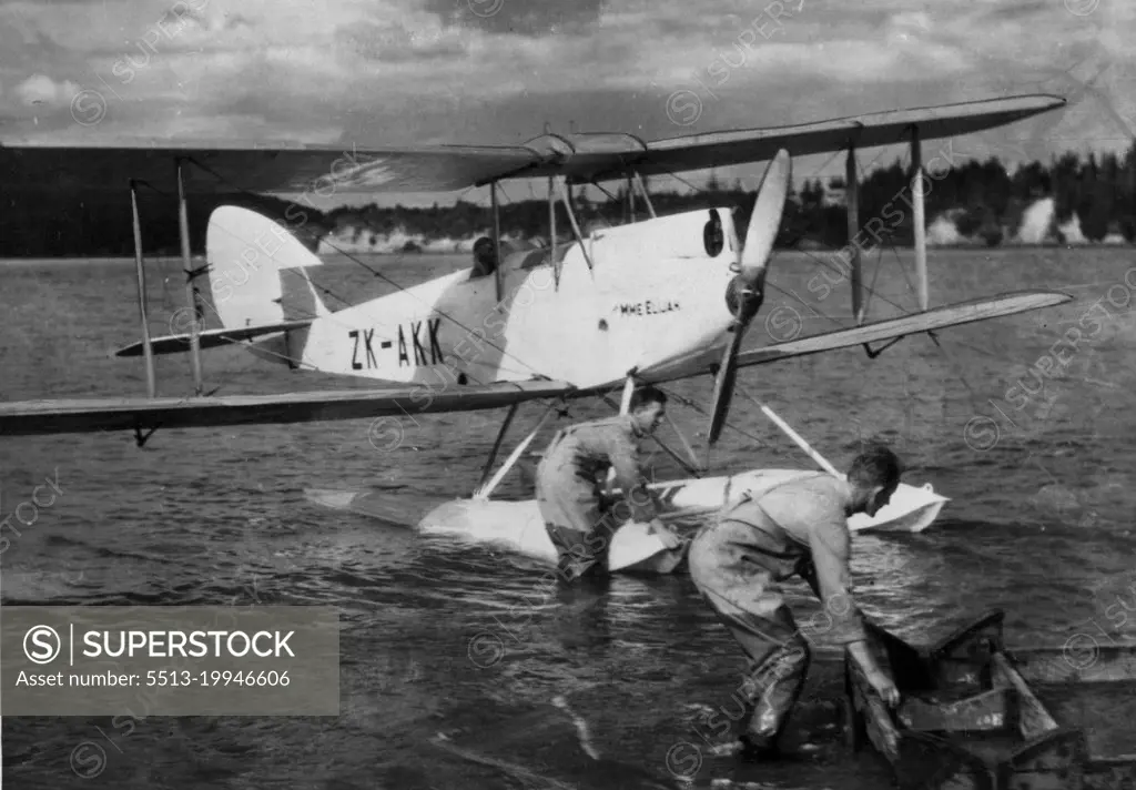 Intrepid Airman Sets Out On A Flight From N.Z To Australia.Chichester's plane being launched at the Hobsonville air base early on Saturday morning last. April 22, 1931. (Photo by The Auckland Daily News).