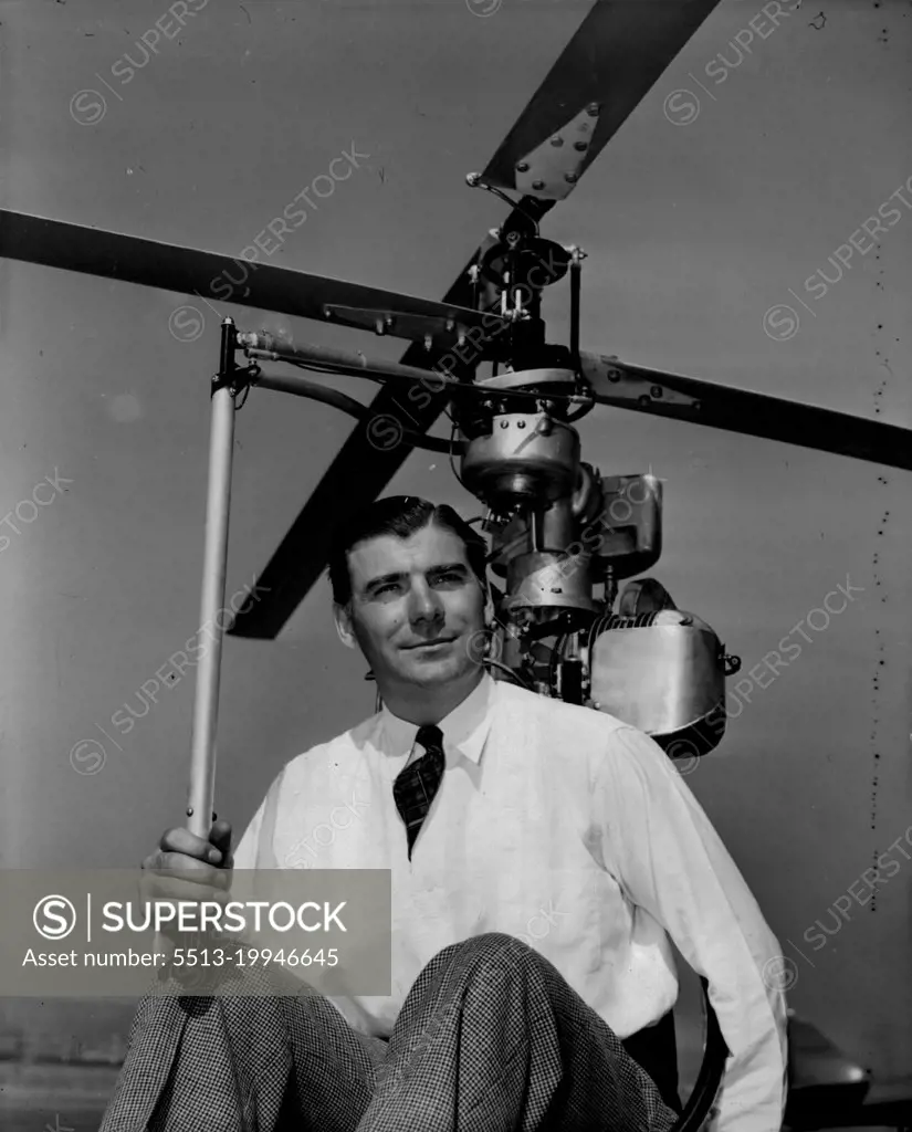 Air Motorcycle -- Inventor Horace Pentecost sits in the "cabin" of his "Hoppicopter", a one-man helicopter, with his right hand on the "stick". This is pilot model, which according to the inventor has not yet been in free flight. July 29, 1949. (Photo by Wide World Photos).