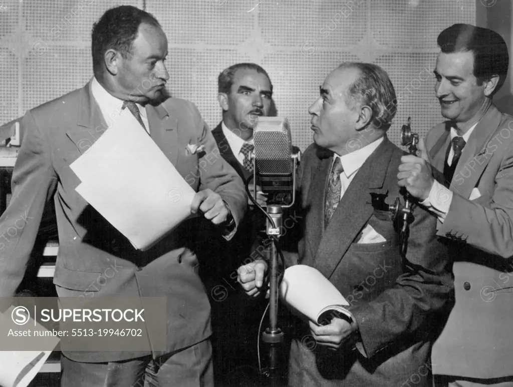 Recording the final episode of Dad and Dave at EMI studios this week, Dad and Bill Smith had one of their famous "Brawls" for the last time. From left: Eric Scott (Bill Smith), Tom Farley (Alf Morton), Dad (Lou Vernon), and John Saul (Dave). November 13, 1953. (Photo by Polkinghorne And Stevens).