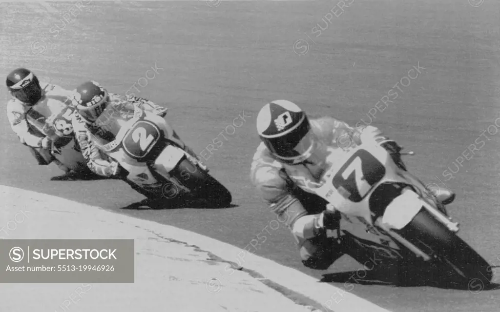 Wesr German Manfred Herweh, nr. 7, closely followed by Christian Sarron of Frence on a Yamaha, and Guy Bertin of France on a MBA in full action during the 2500 motorcycling event during the grand prix of Belgium on the Francorohamps racing track here this afternon. Manfred Herweh, during a real won the race. July 08, 1954. (Photo by The Associated Press Wirephoto).