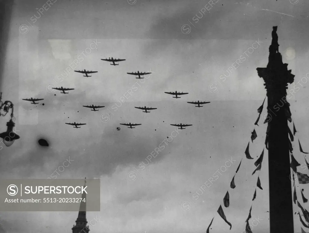 Bombers Over Nelson As R.A.F. Prepares For Victory Fly-Plast.Lancaster bombers of the Royal Air Force flying information over Nelson's Column in Trafalgar Square, London, as they rehearsed for the fly-past of nearly three hundred warplanes to take place on Victory Day, June 8. June 06, 1946.