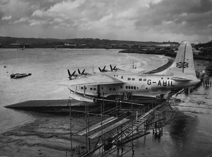 New Flying-Boat For B.O.A.C. -- The first of the 12 Short "Solent" flying-boats ordered by BOAC for the Far East service was launched at Rochester recently. The plane is powered by four Bristol Hercules engines, and it has day accommodation for 30 or 24 in berths in five cabins. ***** is 112 feet, length 60 feet, and range of ***** miles at a speed of 210 m.p.h. The picture shows some of the Bristol Hercules engines of the type fitted to the plane. June 1, 1947.