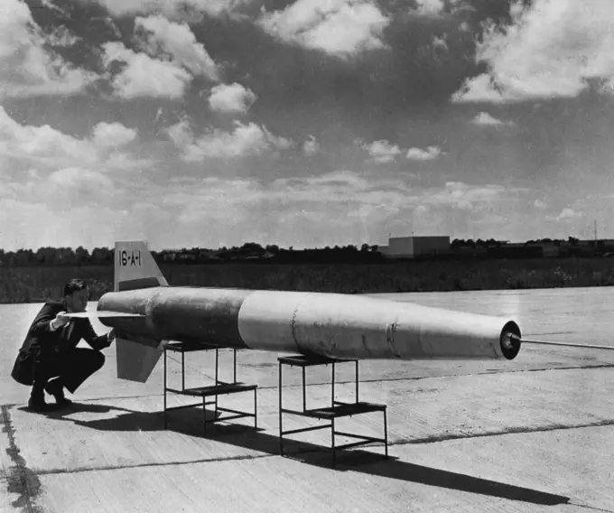 Ram-Jet Test Missile -- Shown above is a 16-inch diameter ram-jet missile which has been clocked at more than 1,600 miles an hour in drop tests. The disclosure was made today by the National Advisory Committee for Aeronautics. September 28, 1948. (Photo by AP Wirephoto).