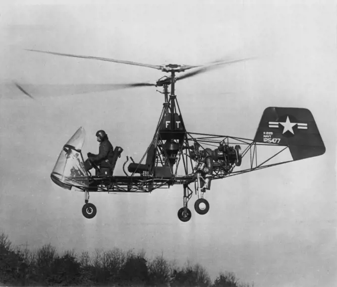 Gas Turbine Powers Helicopter -- The U.S. Navy announced today the first successful flight by a gas turbine shaft powered helicopter. William R. Murray of Wilton, Conn., a former Navy pilot is shown at teh controls of the experimental K-225 as it hovers over Bradley Field, Windsor Locks, Conn., during a test flight. The helicopter is powered by a Boeing XT50 gas turbine which develops 175 horsepower and weighs 250 pounds or about half that of a comparable piston engine. December 16, 1951. (Photo