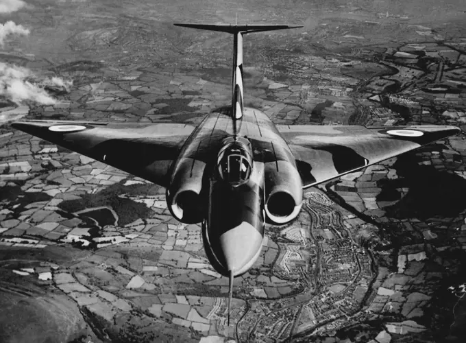 Wonder of the Javelin Revealed: Beats Vision Barrier to 'Kill' Atom Bombers. British security has lifted the veil on hitherto secret facts about the Gloster GA5 Javelin all-weather supersonic Delta fighter (of which this is a new air-to-air picture) the atom *****. August 26, 1952.