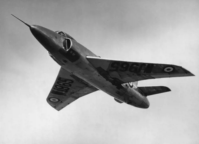 Pre-View At Farnborough Supermarine Swift, one Rolls-Royce Avon turbo-jet engine, single seat, swept-wing fighter, seen in flight at the Farnborough preview today. It is in super-priority production for the RAF. September 01, 1952.