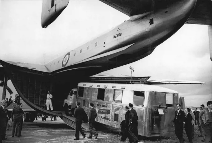 Britain's Aircraft On Show -- A mobile Workshop, weighing 12 tons, being driven into the great hold of the Beverley Transport aircraft. The great Air Display and Exhibition organised by the Society of British Aircraft Constructors, opened at Farnborough, Hampshire. September 07, 1954. (Photo by Sport & General Press Agency, Limited).