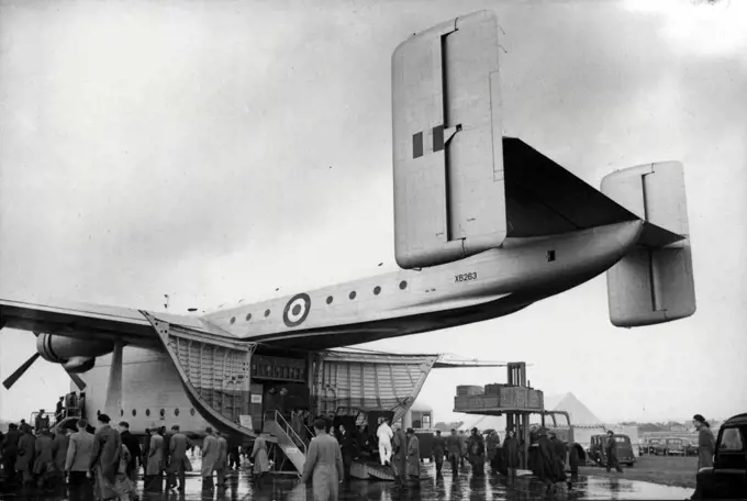 Britain's Aircraft On Show -- The Bleckburn and General Aircraft's Beverley/C.I. Universal Freighter - capable of carrying 94 troops and their equipment, 70 paratroops, 82 casualties or 45, 000lb of freight over a radius of action of 200 nautical miles. This aircraft is on order for the R.A.F. The great Air Display and Exhibition organised by the British Society of Aircraft Constructors opened at Farnborough, Hampshire. September 06, 1955. (Photo by Sport & General Press Agency, Limited).