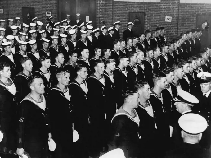 Naval Ralings been inspected in admiral pages in the Drive Hall at H.M.S. Lonsdale on Melb. It is headlined in O.Rs is remove caps during inspection. November 23, 1944.