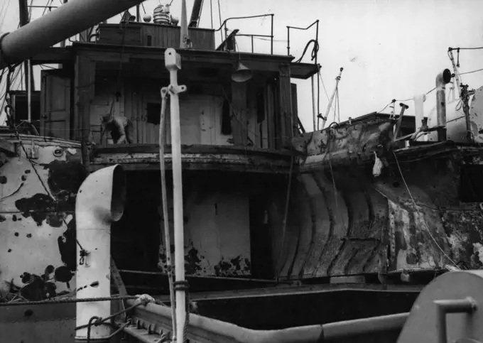 Hospital Ship Manunda showing damage done by Japanese bombs at Darwin on February 19th. The vessel made her way to another Australian Port where these photos were taken. March 6, 1942.