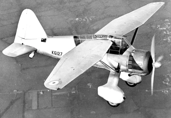 An aerial picture of the machine in flight. New type monoplane for the royal air force. The "Westland Army Co-operation Monoplane". A new type of monoplane capable of phenomenal speed (not yet disclosed), built by Petters, Ltd., of Yeovil, Somerset, has been ordered in large numbers by the R.A.F. Special Trial Flights. It was designed, built and flown in twelve months, which is a record in specialised aircraft construction. October 15, 1936. (Photo by Sport & General Press Agency, Limited).