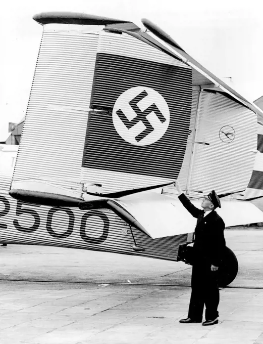 New Nazi Ensign On German Planes. The Nazi ensign on the newly-christened Junkers monoplane "Generalfeldmarschall von Hindenburg" photographed at Croydon Aerodrome (London) before leaving on the return journey to Berlin. The swastika, the new German ensign, has been placed on all German aeroplanes. May 8, 1933. (Photo by Topical Press).
