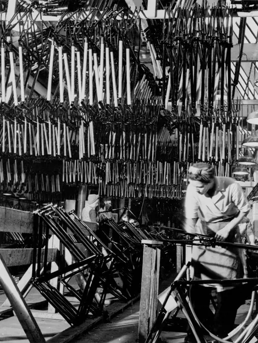 British Bicycles For The World - The frame lining shop. In this ship frames are lined by hand with the manufacturers design and trade mark. Frames are fed into the shop by the conveyor belt system, after being cellulosed and dried. July 09, 1951.;British Bicycles For The World - The frame lining shop. In this ship frames are lined by hand with the manufacturers design and trade mark. Frames are fed into the shop by the conveyor belt system, after being cellulosed and dried.