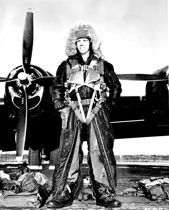 Dressed For High Flying - Feaf Bomber Command, Japan -- With his head covered by a fur perka reminiscent of the men of the great Northwest, 1st Lt. Carl L. Hinchey, 1207 Grand St., Duncan, Okla., a U.S. Air Force B-29 Superfort pilot with the 98th Bomb Wing in Japan, is ready, in his protective clothing, for another high altitude bombing attack against Communist targets in North Korea. Because the Superforts sometimes bomb from high altitudes, the hazard of sub-zero weather at such levels adds t
