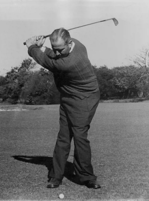 Magic eye camera shows Adams, at start of the down swing Body is fully pivoted against braced right leg. September 29, 1952;Magic eye camera shows Adams, at start of the down swing Body is fully pivoted against braced right leg.