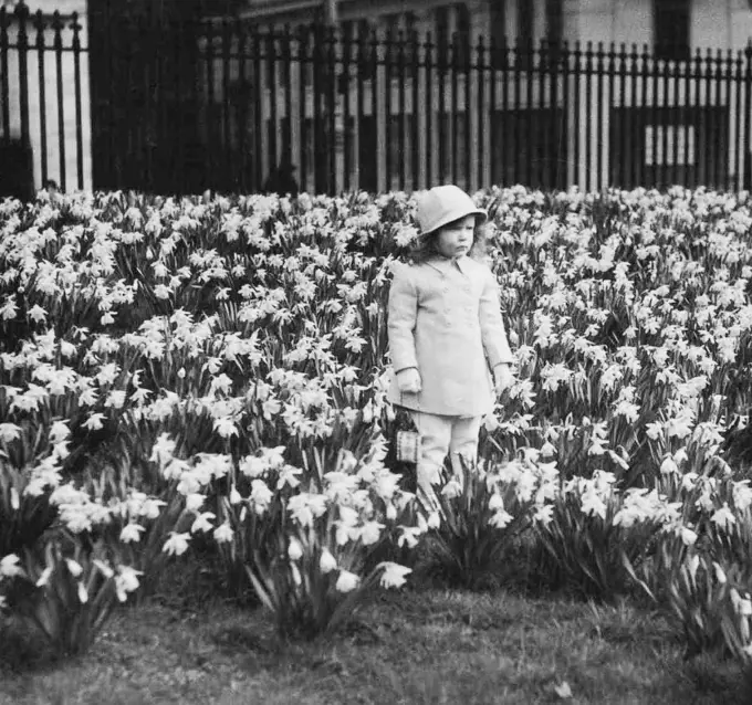 Grumpy little girl wearing a Spring outfit looking at Daffodils in Hyde Park, London, England. May 08, 1935.