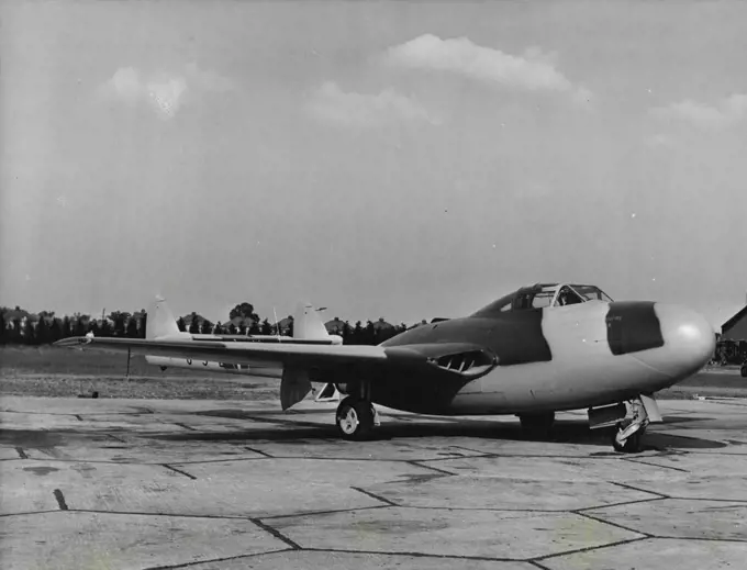 First photograph to be released of the new de Havilland DH 113 Vampire night-fighter. This two-seater version of the most widely adopted jet fighter in the world fills an urgent need and lifts night fighter performance into the speeds and altitudes of tomorrow's tactical requirements. October 21, 1949. (Photo by De Havilland Photograph).;First photograph to be released of the new de Havilland DH 113 Vampire night-fighter. This two-seater version of the most widely adopted jet fighter in the worl
