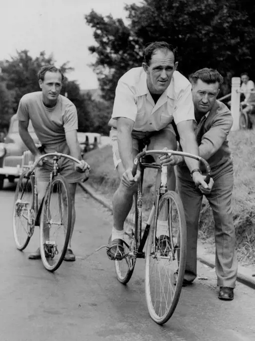 Lt to Rt: Anzac Cummings - Vice Capt, Ballina Ralph Green - Capt on cycle, Grafton Jack Hartigan - Trainer, Lismore. February 13, 1953. sports, sport, athlete, athletic, 