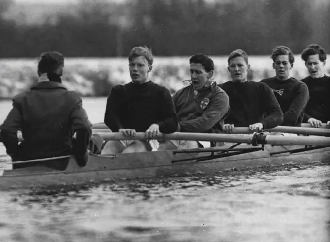 Oxford Train Without President -- Expressions from the Dark Blues as they pullin rough water during a spell at Wallingford from left to right. Watson, Cox, Sorell, Pain, McLeod, Raikes and Wells. Oxford University boat crew still without their President J.A. Gobbo. Have not yet placed the crew as they will race in the forthcomming annual. M.L. Ross is subsitute for Gobbo, who has influence. February 24, 1955. (Photo by Fox Photos ). 