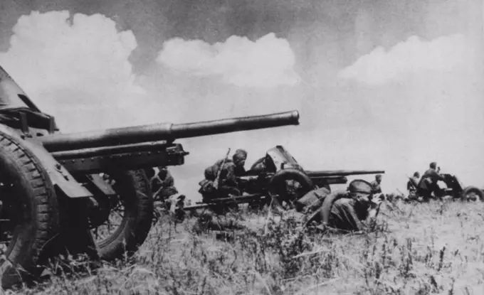 Russian Anti-Tank Guns Set For Action On Southern Front -- Crews of Russian Anti-Tank guns somewhere on the southern front get set to fire their destructive weapons against approaching German tank units. Guns such as these have been Major Factors in the Red Army's Fight at Stalingrad and in the lower Caucasus. October 14, 1942. (Photo by AP Wirephoto). 