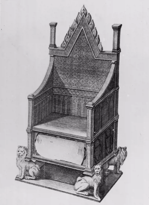 The coronation chair, which for 600 years has been used for the Anointing and crowing of English kings. Just below the seat is the historic Stone of Scone. March 07, 1938. 