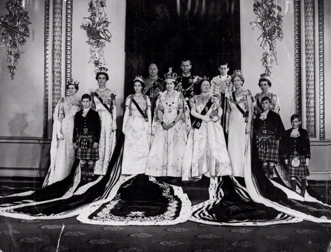 Royal Family In their Coronation Robes -- The Queen, wearing the Imperial State Crown and Coronation robes, with other members of the Royal family at Buckingham Palace after the Coronation ceremony. Left to right: Princess Alexandra of Kent; Prince Michael of Kent; the Duchess of Kent; Princess Margaret; the Duke of Gloucester; the Queen; the Duke of Edinburgh; Queen Elizabeth; the Queen Mother; the young Duke of Kent; the Princess Royal; the Duchess of Gloucester; Prince William and Prince Richard of Gloucester. Princess Margaret (on the Queen's right) is photographed with other members of the Royal Family after Queen Elizabeth's Coronation. June 10, 1953. (Photo by Reuterphoto)