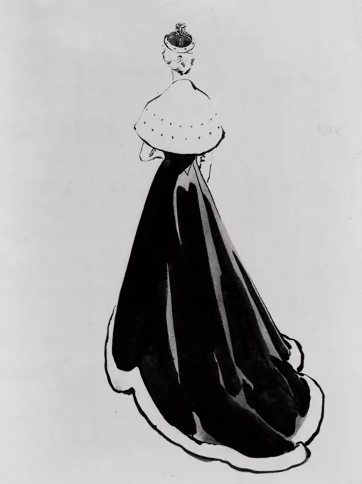 ***** Coronation Dress For Peeresses -- A sketch of the back of the approved Norman Hartnell design for the alternative dress which is published in the London Gazette which is published in the London Gazette tonight (Tuesday) in these terms: . . .' A Robe of Crimson velvet, trimmed with miniver pure, two inches in width, similar in style to a Kirtle, but without sleeves and with the addition of a cape also of miniver pure and shaped like a cape collar, finishing in two points in front of the waist. The Cape is to have rows or bars if ermine tails ( or the like) as follows. A Viscountess - two rows and a half of ermine tails. December 09, 1952.