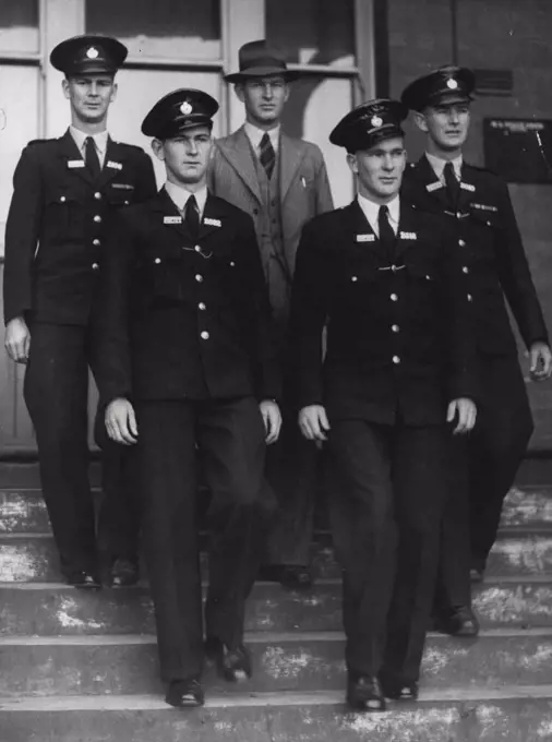 These five brothers have established what is probably a record for Australian police. They have all joined the WA police force in the last 10 years -- For of them since world war 11. They are from left: Constable W. E. (Bill) Eaton (31), Constable C. H. (Clarrie) Eaton (21), Detective T. E. (Tom) Eaton (33), Constable O. H. (Bert) Eaton (23) and Constable J. J. (Jack) Eaton (27), Tom joined the force in 1939; was in CIB work during the war. Jack (A POW for 3 years), Bill and Bert also saw service and Clarrie was in the ATC when the war finished. The two younger brothers joined on the same day, went through the police school together and graduated on the same day. August 17, 1949.