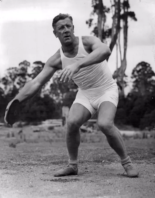 Discus-Throwing is lunch-hour relaxation for 17½-stone, hard-working Henry Zglobicki, ex-Rat of Tobruk. He can throw the discus more than 144ft.; a javelin 153ft. 9in, puts the weight 42ft. 6in. Like many Poles, he endured hardship as fugitive from Nazis. December 20, 1947.