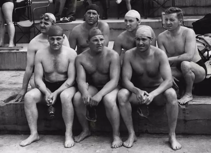 Cross Channel, Swimmers At Folkestone. James E. Clancy of Lichfiels, Peter Claydon of Northampton, Fred Gill of London, Back row L-R. Robert Leitch of London, Edward James May of Dartford, Godfrey Chapman of Weymouth and Kenneth Wray of Southampton. June 17, 1951. (Photo by Daily Mail Contract Picture).