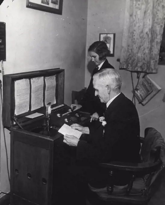 Mr. Wilson Headmaster Carrington Grove State School, broadcasting from wireless set. April 11, 1938.